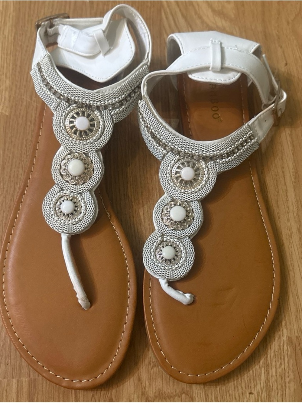 White Beaded T-Strap Women's Sandals